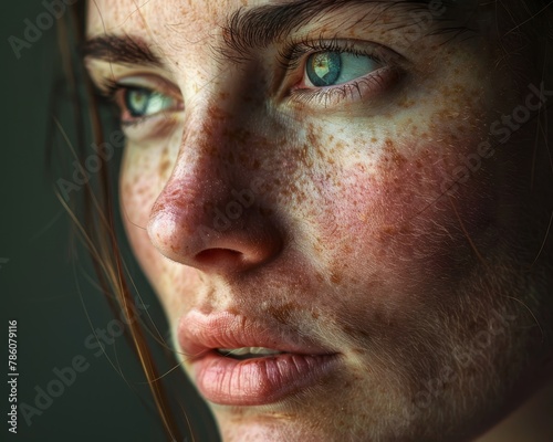 Close-up portrait of a woman with visible signs of seborrheic dermatitis on her face photo