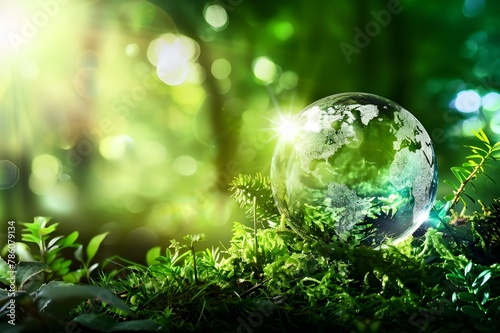 green planet with leaves on shiny background AI generated