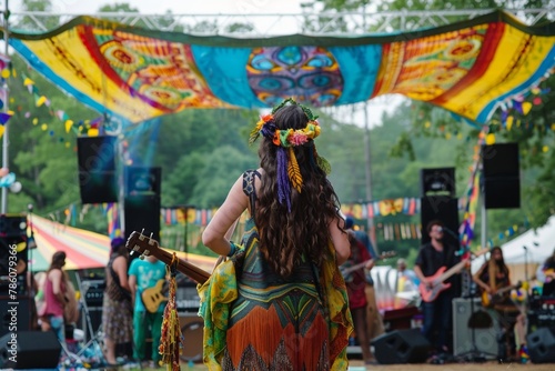 A Boho-themed music festival with eclectic stage decorations, colorful tapestries, and performers dressed in flowing Bohemian attire, celebrating music, art, and creativity