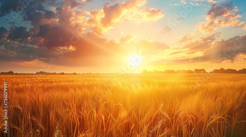 Stunning landscape with the first light of dawn illuminating a vast, golden wheat field © vetrana