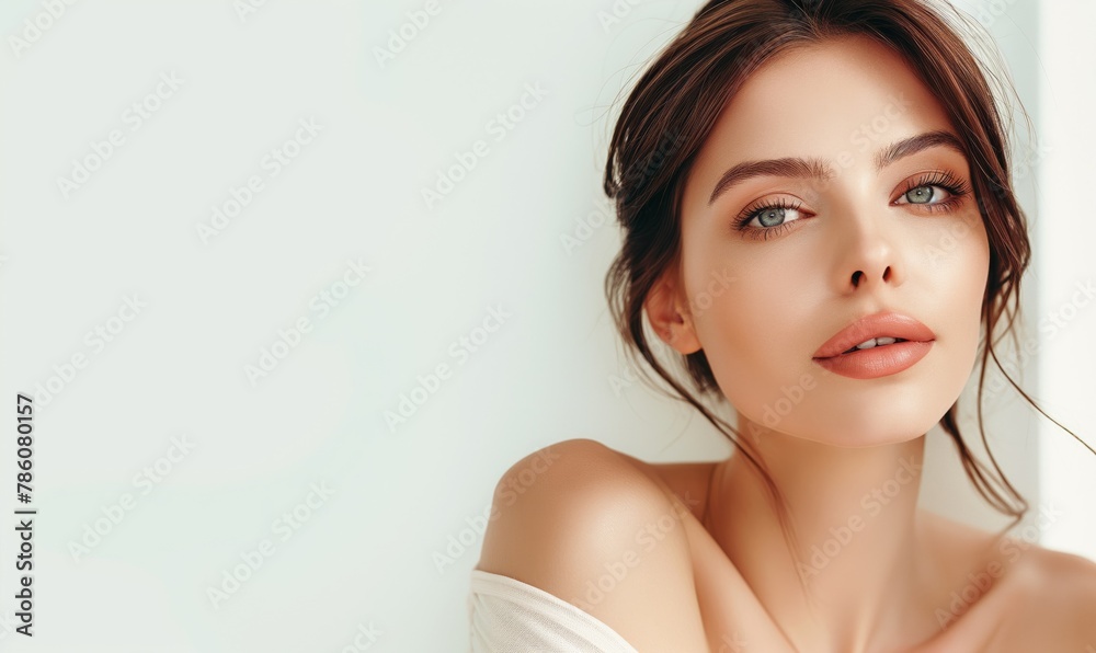 Elegant young woman with flawless complexion captured in a stunning portrait against a light backdrop Elegant young woman with flawless complexion captured in a stunning portrait against a light backdrop