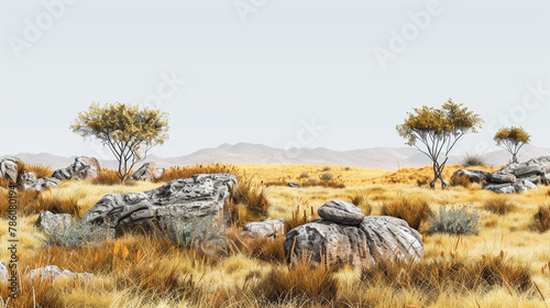 Savanna Landscapes: Faded Grass and Rocks 