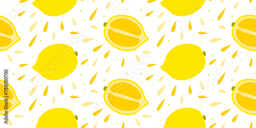 Summer pattern of juicy lemons with drops. Seamless pattern of yellow lemons on white background.