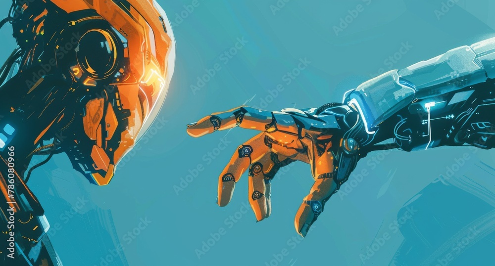 A cartoon illustration of AI robot and human touching hands together ...