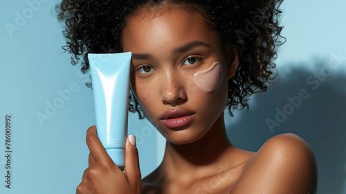 Woman Showcasing Peel Off Facial Mask Tube for Skincare Product Display photo