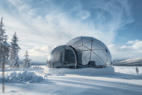 Modern Geodesic Dome Amidst Snowy Arctic Landscape © Nino Lavrenkova