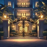 Elegant Art Deco Mansion with Illuminated Entryway and Palm Trees