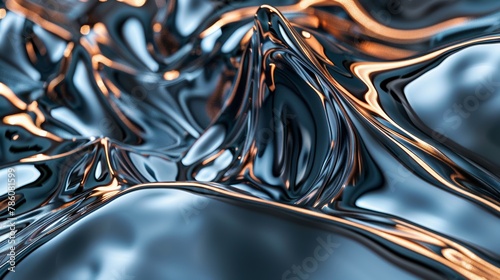 A close up of a highly detailed 3d rendering of a smooth metal surface with a glossy finish and golden highlights