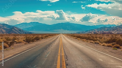 A straight open highway leading towards distant mountains under a vast blue sky, flanked by desert vegetation.