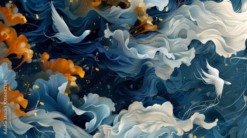 A painting of two phoenixes flying in a blue and white cloudscape.