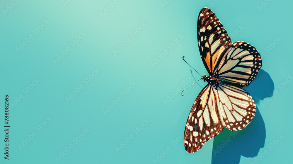 Fototapeta premium A butterfly with beautifully intricate wing patterns rests on a gradient blue background, symbolizing transformation and grace