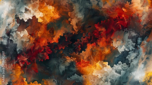 A painting of red, orange, and yellow clouds with a stormy sky. © Watcharaphon