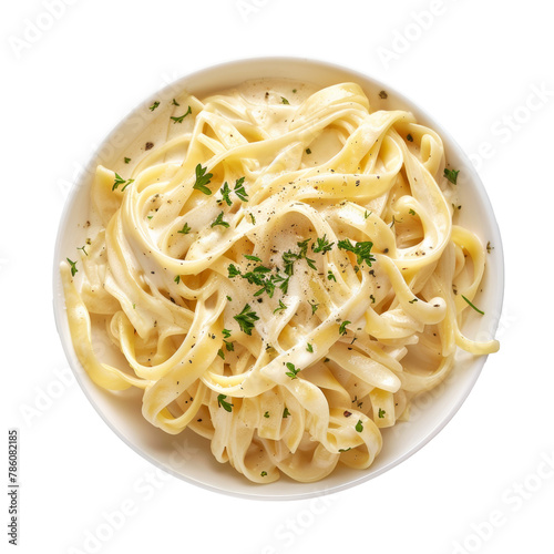 Creamy Fettuccine Alfredo Pasta Topped with Parsley on Transparent Background