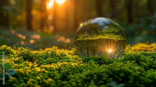 Glass Globe on Green Moss in Nature Concept for.png,
A glass globe with mushrooms in it and a light in the background. #786082355