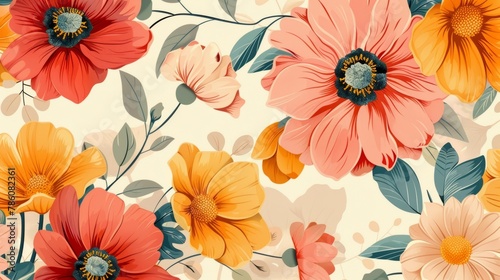 A seamless pattern with a variety of flowers  including red  pink  and yellow. The flowers are arranged in a repeating pattern on a light beige background.