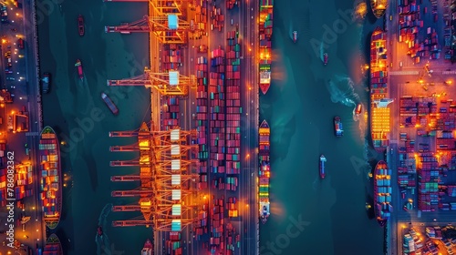 A stunning aerial view of a bustling seaport, with massive cargo ships unloading goods and containers stacked high on bustling docks.