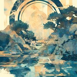Transcendent Zen Landscape – A serene Japanese tea garden at its center with a sparkling waterfall.