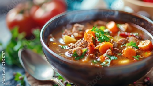 Beef tripe and vegetable soup with a touch of heat shot with a shallow depth of field