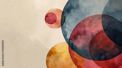 Abstract watercolor painting with a gradient of red, orange, yellow, and blue circles.