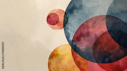 Abstract watercolor painting with a gradient of red, orange, yellow, and blue circles. photo