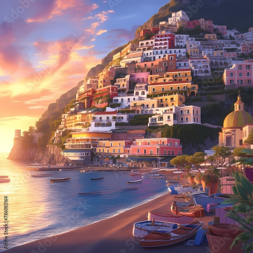Breathtaking coastal view of the Mediterranean town of Positano with its colorful houses and boats at sunrise.