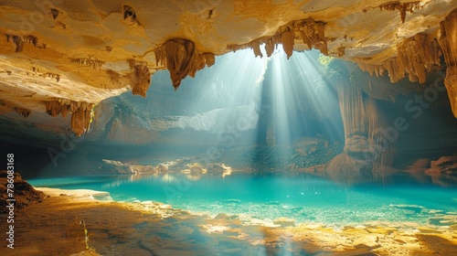 An underground lake inside a cave with beautiful lighting photo
