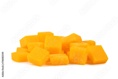 view of candied mango dices isolated on white
