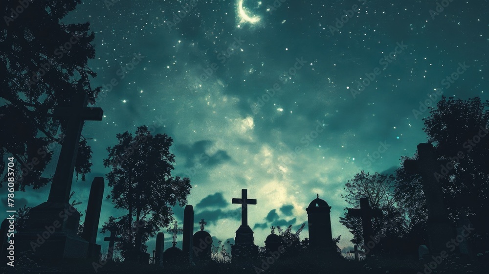 Fototapeta premium Cross in a cemetery on an ominous moonlit night