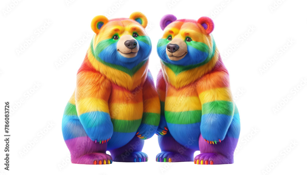 Fototapeta premium Two bears are standing next to each other, Pride Month and Day, LGBTIQ+ , 3d render, clipart, isolate on white background.