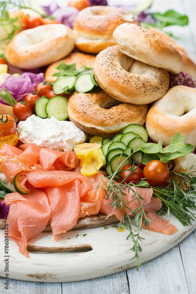 Bagels and lox platter for breakfast with vegetables and cream cheese