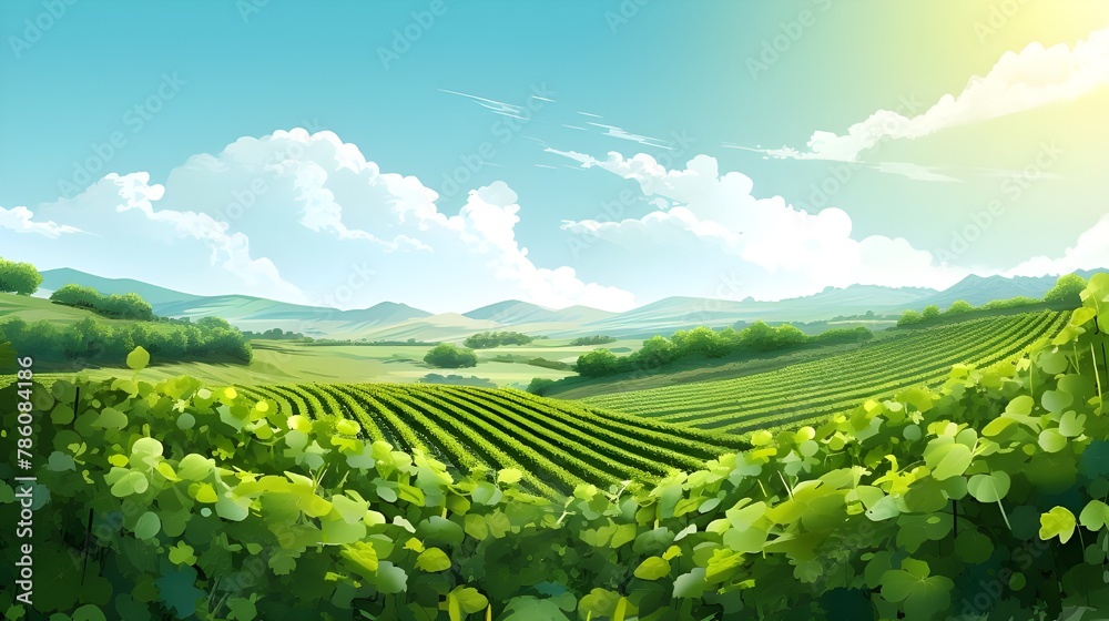 Vineyard field on hills vector illustration artistic landscape AI generated