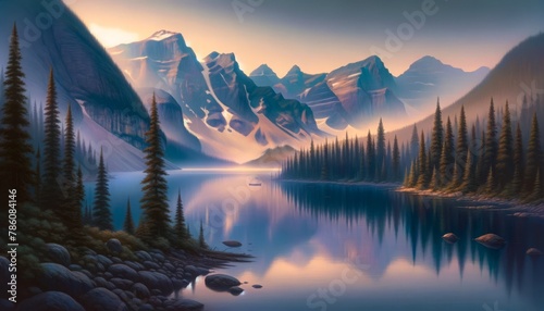 A serene Moraine Lake at dawn, featuring misty forest and calm lake photo