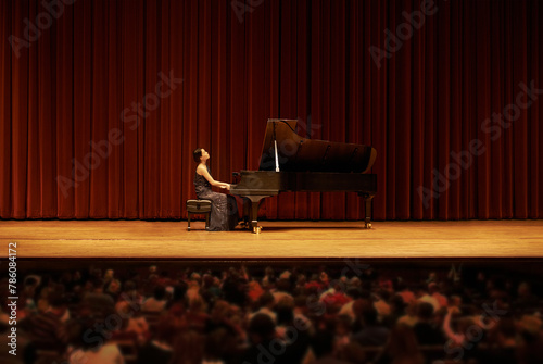 Canvastavla Classical, concert and woman with piano on a stage for performance, entertainment and talent show