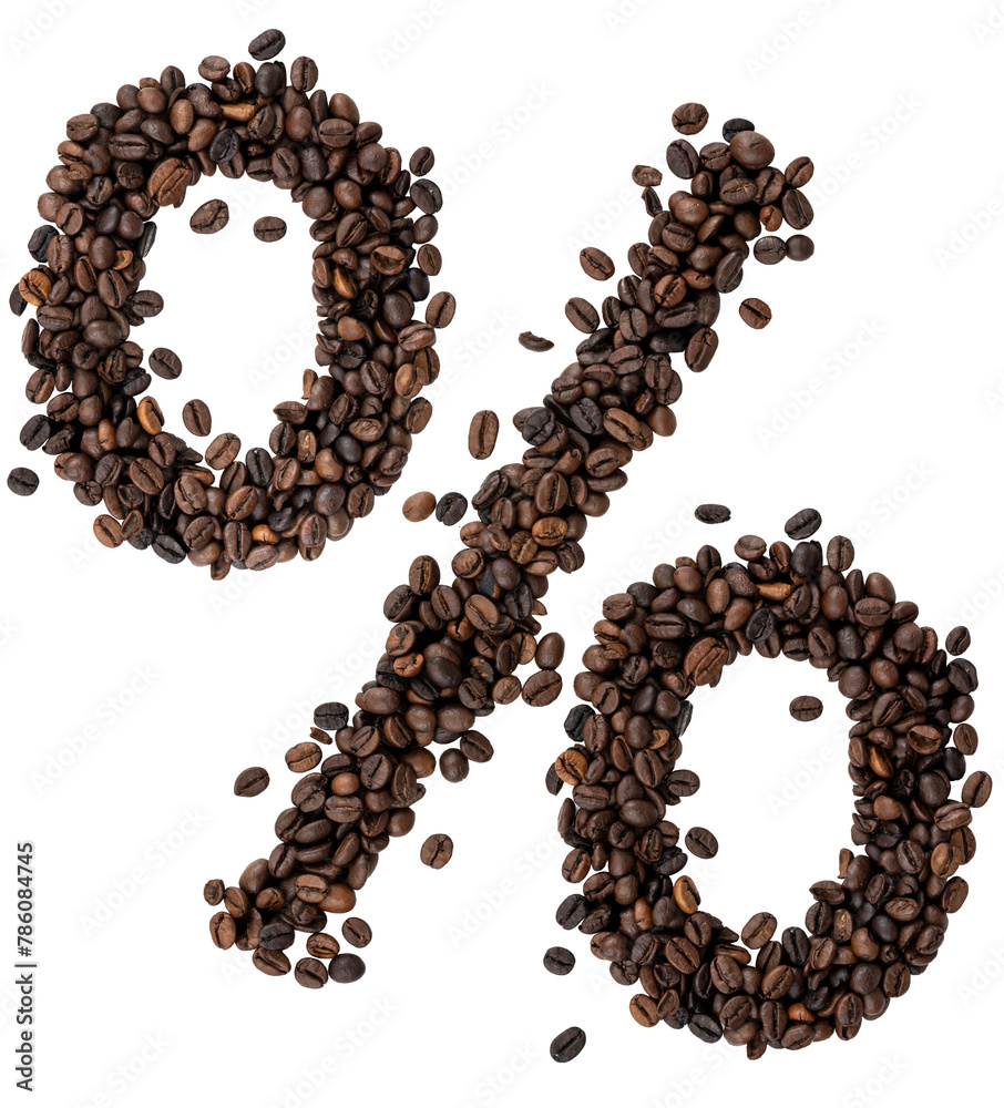 Percent sign made from scattered coffee beans on a transparent background. Percent sign made from scattered coffee beans on a transparent background.