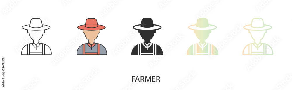 Vector farmer in hat icon, icon in solid, gradient and line styles and lineal color. Trendy colors. Isolated on a white background. Editable stroke