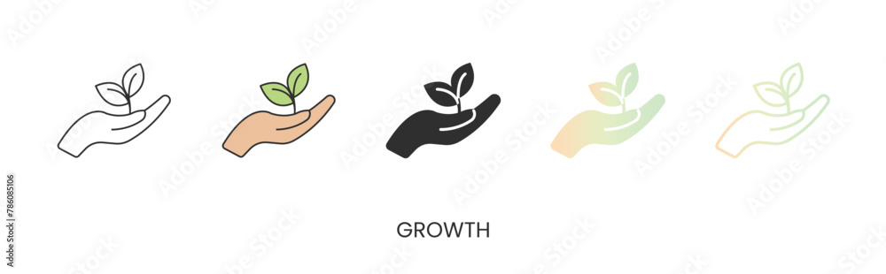 Fototapeta premium Vector icon of hand with leaves, growth, icon in solid, gradient and line styles and lineal color. Trendy colors. Isolated on a white background. Editable stroke