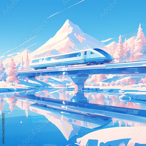 A modern monorail train effortlessly gliding across a vibrant iridescent water surface under the tranquil sky  evoking feelings of serenity and connectivity.