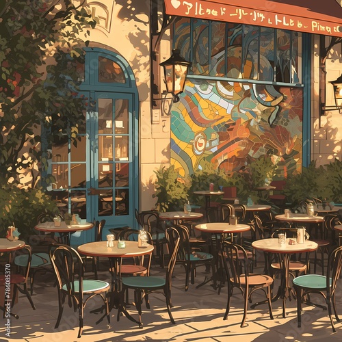 A Vibrant Street Cafe Exterior with Tables and Chairs Ready for Business
