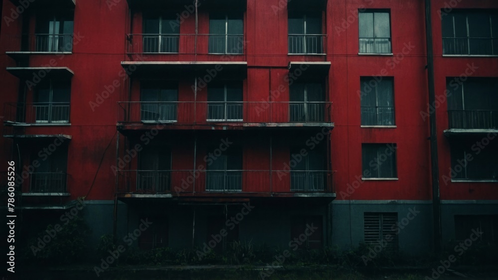 A red building with few balconies on top of it