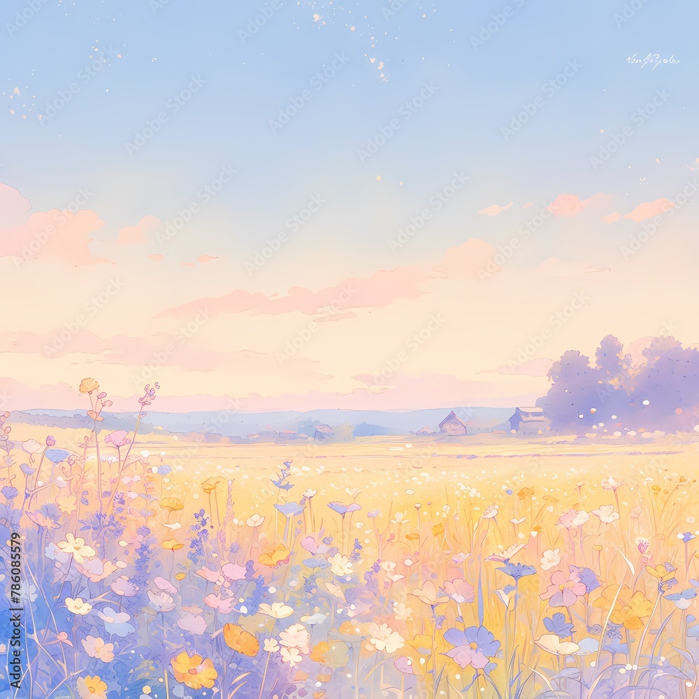 Enchanting Scene: Pastel-hued meadow in bloom, with serene landscape and dreamy horizon. Perfect for evoking tranquility or celebrating nature's beauty.