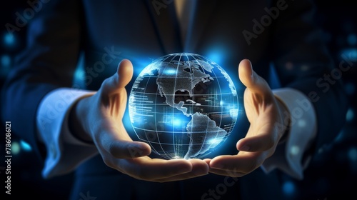 Global Tech: Businessman with Digital World at Fingertips, Holding a Digital Globe in Hands. Data and Connectivity, Globalisation, Harnessing World Data and News