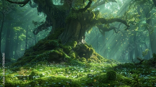 The forest is stunning due to its clearness  silence  flowing water on the ground  and the presence of magical creatures  including a mossy tree stump .