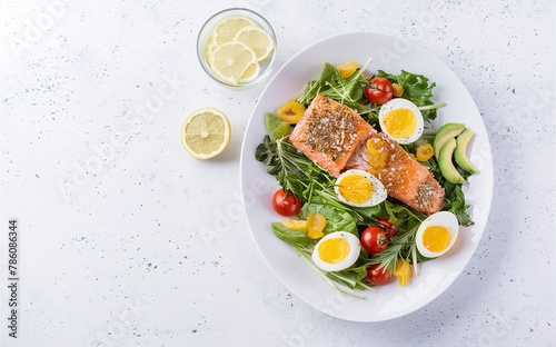 Ketogenic diet breakfast. Salt salmon and baked dorado salad with greens  tomatoes  eggs and avocado