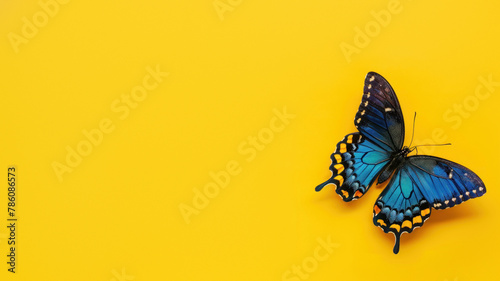 A majestic blue butterfly with black edges  elegantly perched on a solid yellow background