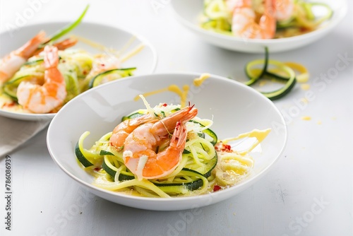 Shrimp and zucchini noodles or zoodles pasta with parmesan and chili flakes with lemon in white bowls