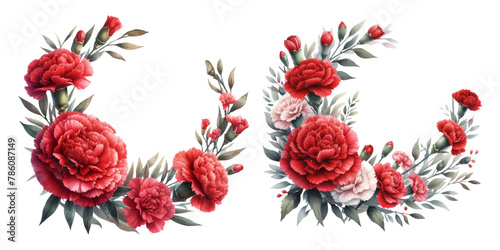 Red carnation round wreath watercolor illustration material set