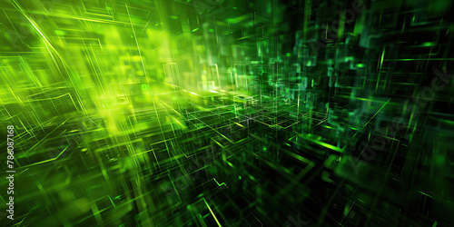 horizontal abstract image of glowing blurry green fluorescent transparent lines and cubes background