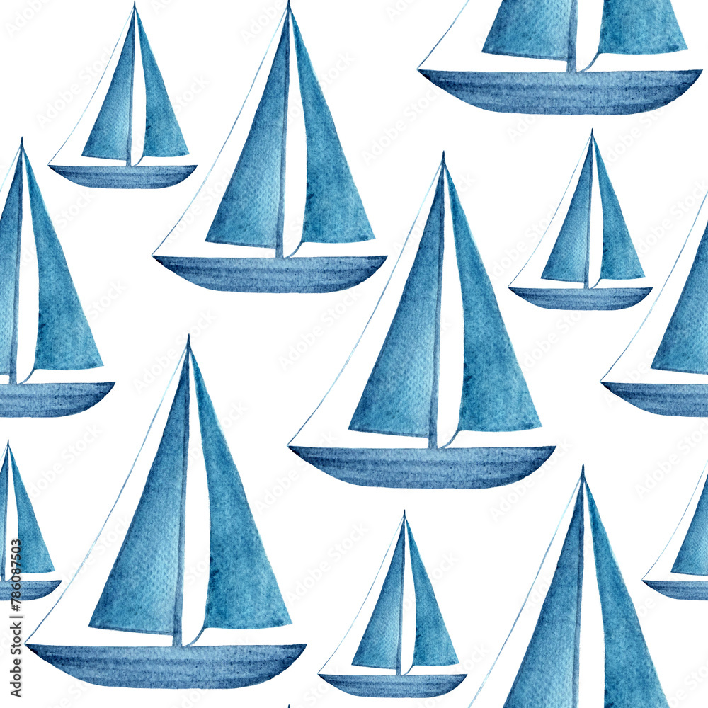 Sailboat seamless pattern hand drawn in watercolor isolated on white. High quality blue simple monochromatic illustration for wrapping paper, textile, wallpaper, notebooks, souvenirs, room decor