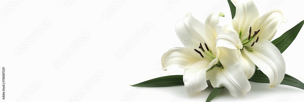 Funeral lily on white background with ample space for text placement to create meaningful tributes Funeral lily on white background with ample space for text placement to create meaningful tributes