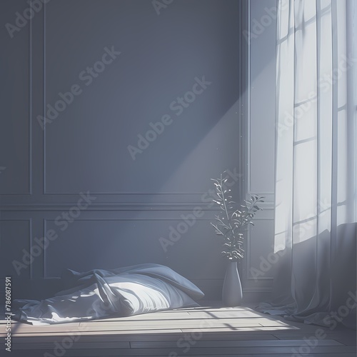Sunlit bedroom with satin sheets and flowers in a white vase by the window.
